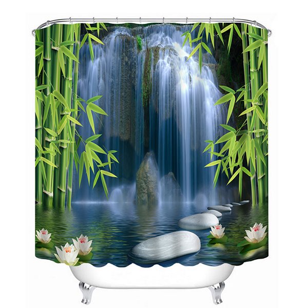 Espectacular cortina de ducha de baño con estampado de cascada y bambúes en 3D