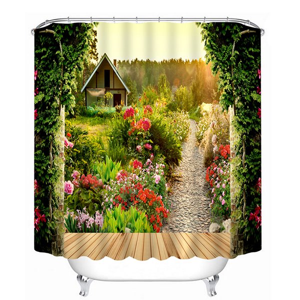 Log Cabin and Path with Flowers Print 3D Bathroom Shower Curtain
