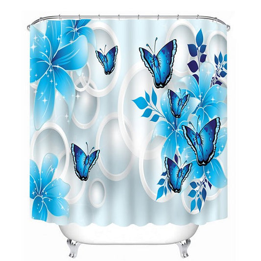Cortina de ducha de baño azul cielo de poliéster con estampado de mariposas y flores 3D