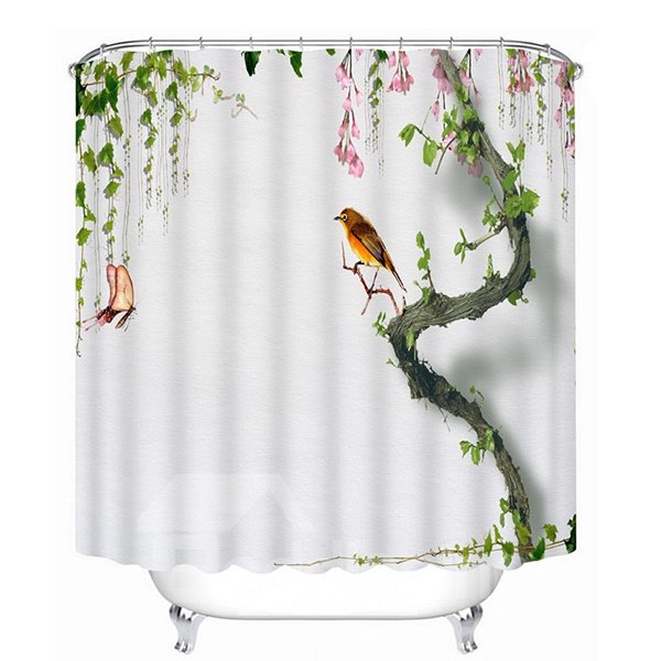 3D-Badezimmer-Duschvorhang mit Aufdruck „Kleiner Vogel steht auf dem Baum“.