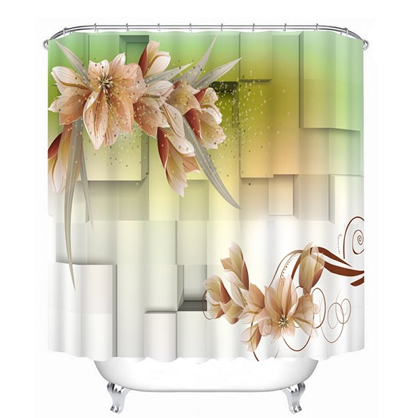 Cortina de ducha de baño 3D con estampado de flores y cuadrados tridimensionales