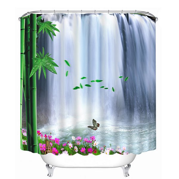 La hermosa cascada y la cortina de ducha de baño 3D con estampado de bambú verde