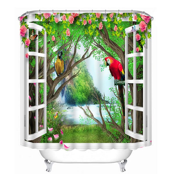 Farbige Papageien, die auf dem Baum aus dem Fenster stehen, drucken 3D-Badezimmer-Duschvorhang
