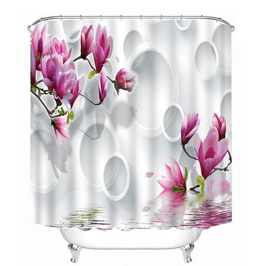 Purple Flowers and White Circles Print 3D Bathroom Shower Curtain