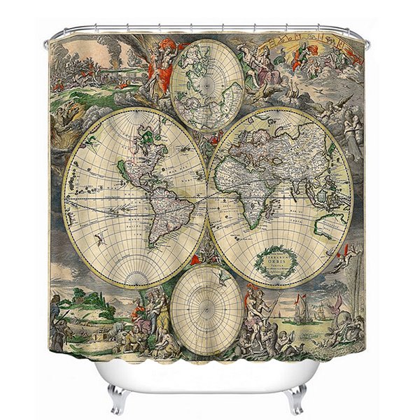Antique World Map Print 3D Bathroom Shower Curtain