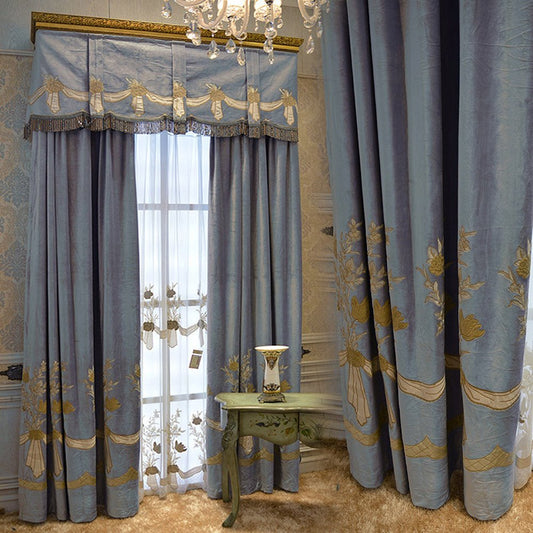European Blue Green Color Shading Curtains Luxurious Embroidery Floral Curtains for Living Room Bedroom Decoration Custom 2 Panels Drapes No Pilling No Fading No off-lining Flannel