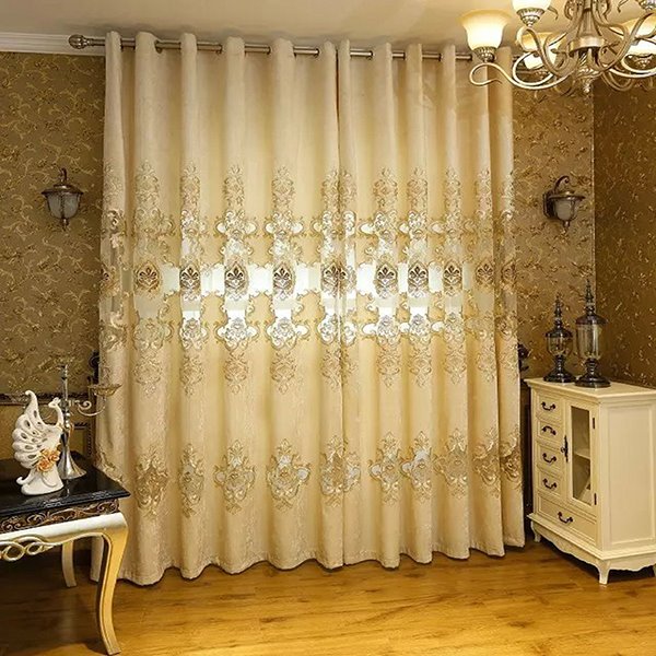 Blackout and Decoration Chenille Classic Embroidered Beige Grommet Top Curtain