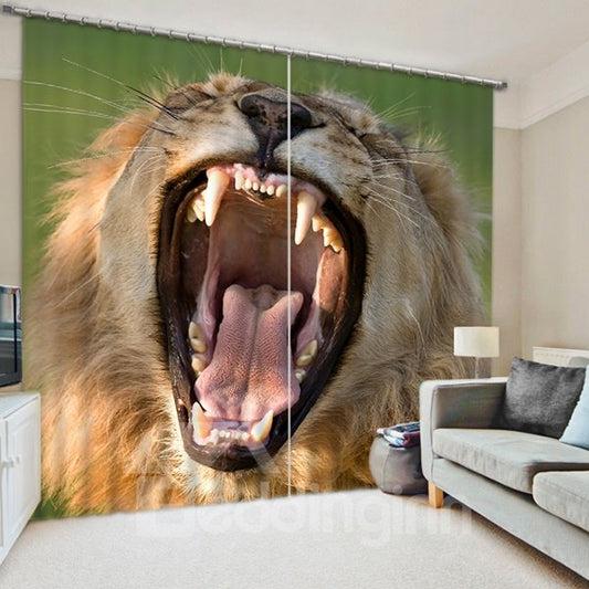3D-Vorhang mit gähnendem und schwebendem Löwe, bedruckt mit lebendigen Mustern, 2-teiliger Verdunkelungsvorhang für das Wohnzimmer