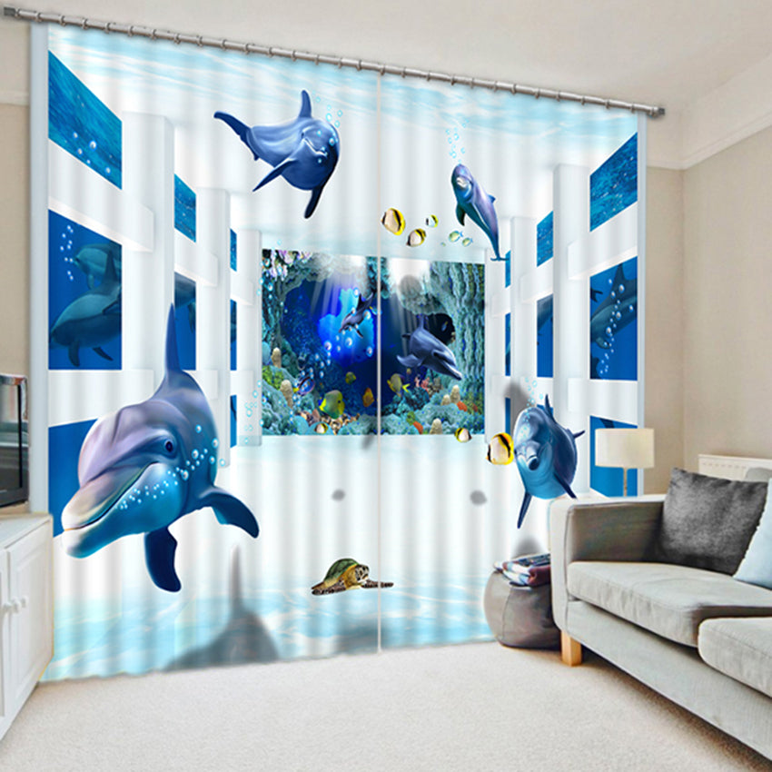 Cortina sombreada de 2 paneles con estampado de delfines felices y tortugas en 3D, maravilloso mundo submarino