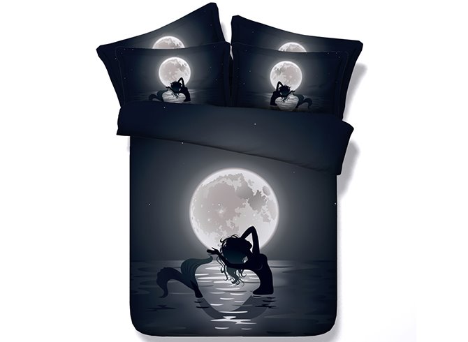 Sirena a la luz de la luna Juegos de cama / fundas nórdicas negras 3D de poliéster impreso de 4 piezas