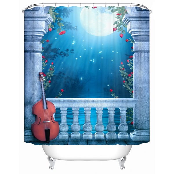 Weißer 3D-Badezimmer-Duschvorhang mit „Violine Under The Moonlight“-Druck