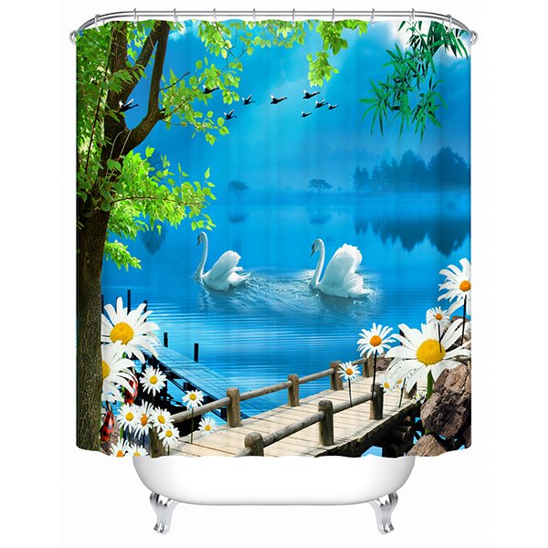 Cortina de ducha de baño 3D con estampado de pareja de cisnes blancos jugando bajo el puente