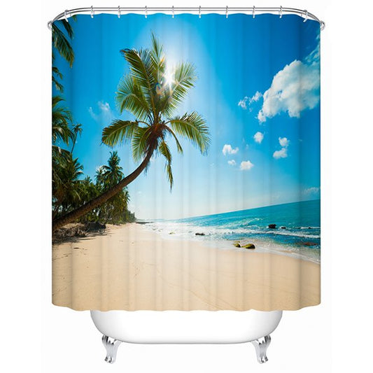 Cortina de ducha azul de poliéster con estampado de playa y cocoteros en 3D