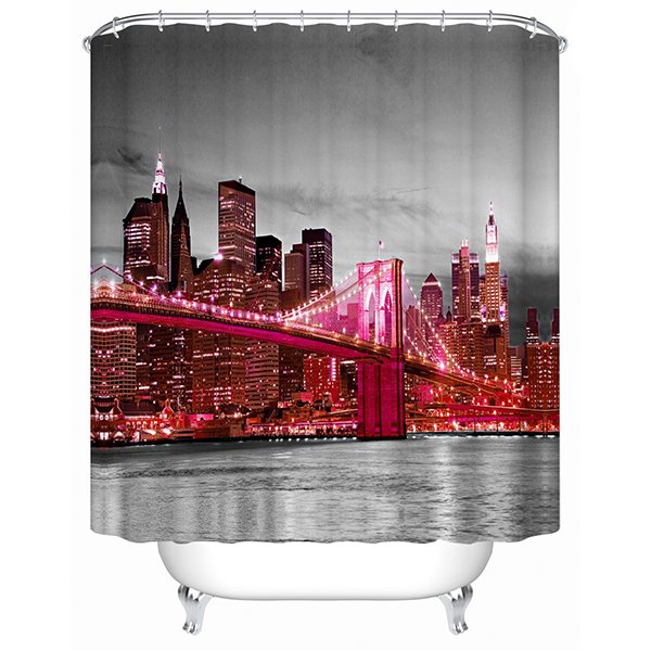Rosafarbener 3D-Badezimmer-Duschvorhang mit Aufdruck „London Bridge bei Nacht“.
