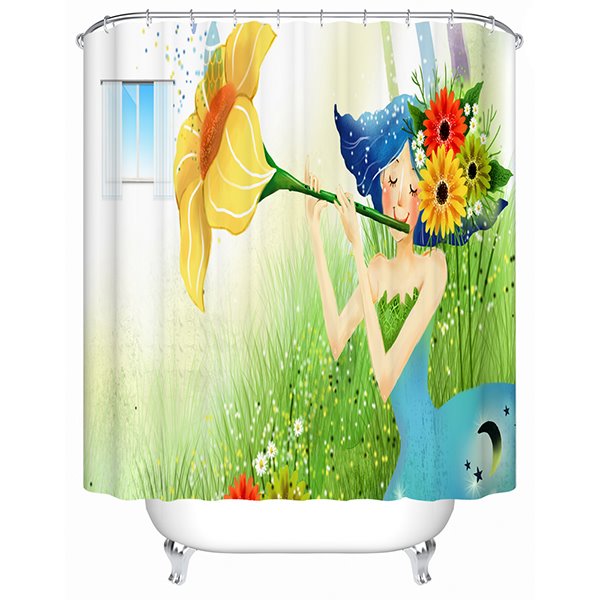 Cortina de ducha de baño 3D con estampado de flores de niña de dibujos animados tocando la trompeta