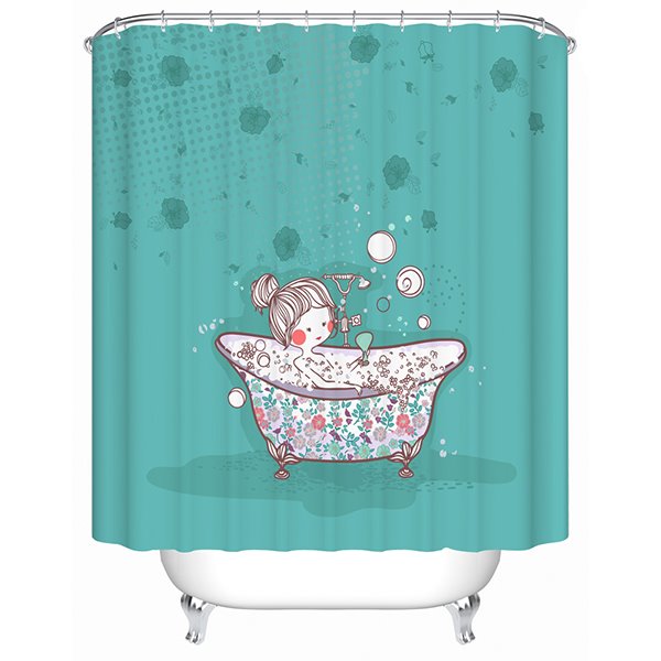 Cortina de ducha de baño 3D con estampado de niña de dibujos animados tomando ducha