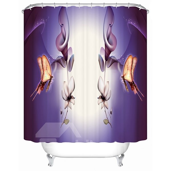 3D Butterflies and Lotus Printed Polyester Purple Shower Curtain