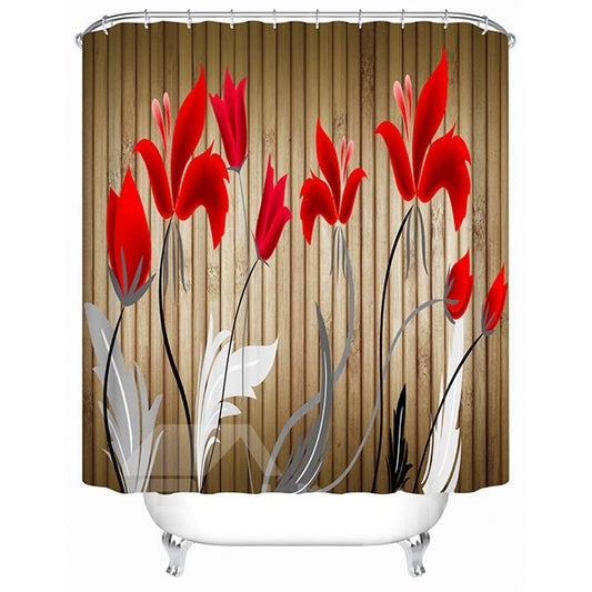 Cortina de ducha de baño 3D con estampado floreciente de tulipanes rojos de dibujos animados