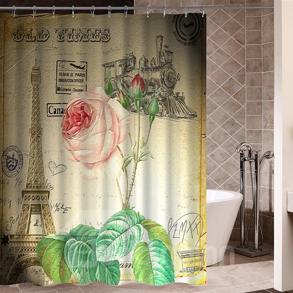 Retro Pink Rose in Paris Pattern Poster Print 3D Bathroom Shower Curtain