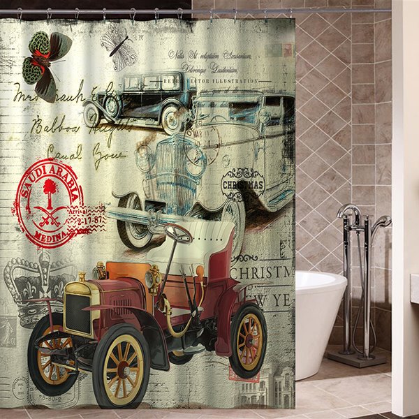 Old Pictorial Classic Car Print 3D Bathroom Shower Curtain