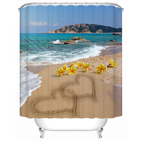 3D Heart Shape Sand Painting on the Beach Printed Polyester Shower Curtain