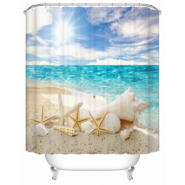 Cortina de ducha de baño 3D con estampado de estrellas de mar y conchas marinas bajo el sol 