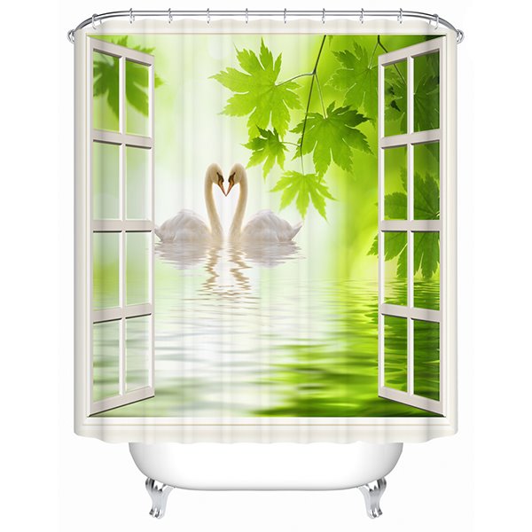 Couple Lovely White Swan outside the Window Print 3D Bathroom Shower Curtain