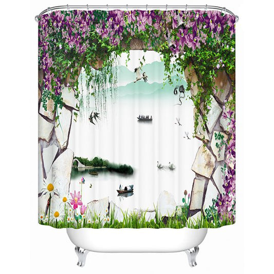Cortina de ducha de baño 3D con estampado de paisaje natural fuera de la pared