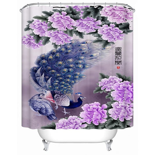 3D Peacock and Purple Peony Printed Polyester Shower Curtain