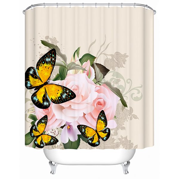 Cortina de ducha decorativa para baño 3D con estampado de mariposas y rosas