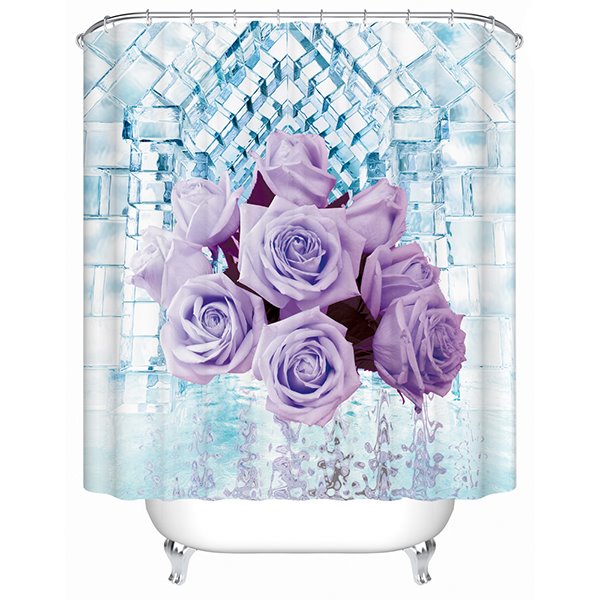 3D Purple Roses Printed Polyester Light Blue Shower Curtain