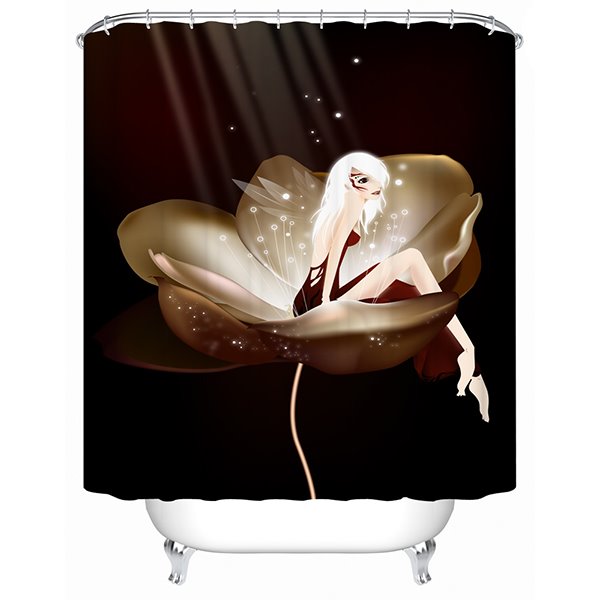 Hada de dibujos animados sentada en la cortina de ducha de baño con estampado de flores