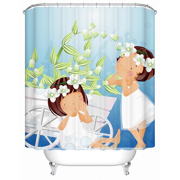 Badezimmer-Duschvorhang mit Aufdruck „Cartoon-Mädchen mit weißem Kleid“.