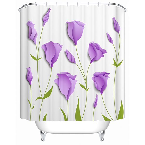Cortina de ducha blanca de poliéster con estampado de tulipanes morados en 3D