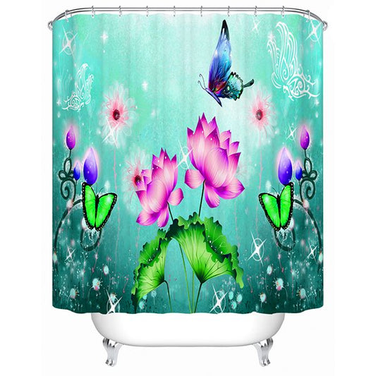 Cortina de ducha de baño con estampado de mariposas y nenúfares de colores
