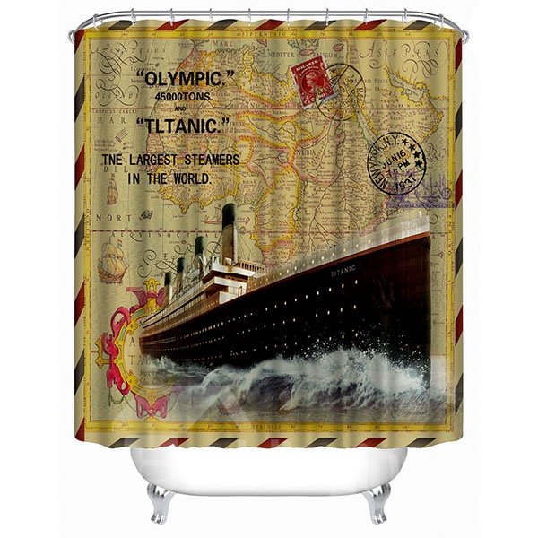 Cortina de ducha de baño 3D con patrón de ferry con estampado de sellos antiguos