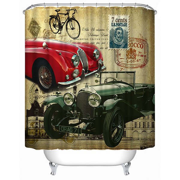 Cortina de ducha de baño 3D con estampado de coches antiguos elegantes