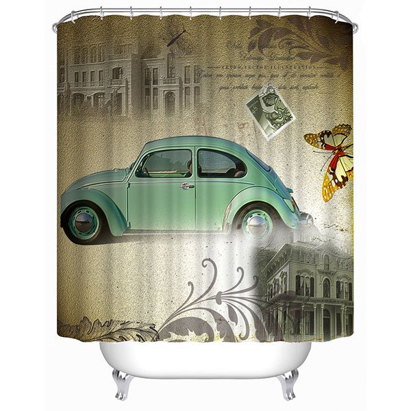 Classic Fashioned Blue Car Print 3D Bathroom Shower Curtain