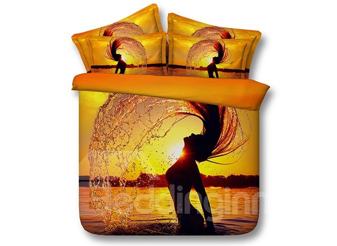 Mädchen, das Haare in Sonne und Meer spritzt, bedruckte 4-teilige Bettwäsche-Sets/Bettbezüge aus 3D-Polyester