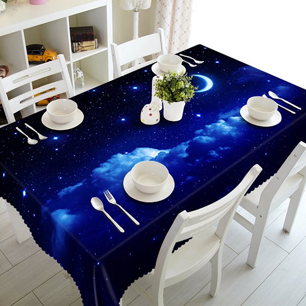 Dunkelblaue 3D-Tischdecke aus Polyester mit Mond- und Sternmuster