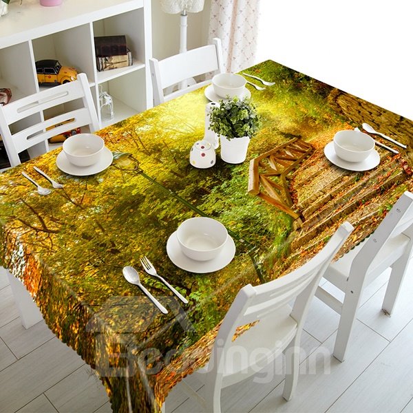 Stilvolle 3D-Tischdecke aus Polyester mit Wald- und Brückenmuster