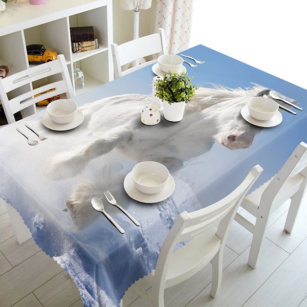 Weiße 3D-Tischdecke aus Polyester mit Pferdemuster