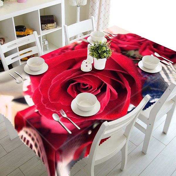 Wunderschöne 3D-Tischdecke aus Polyester mit rotem Rosenmuster