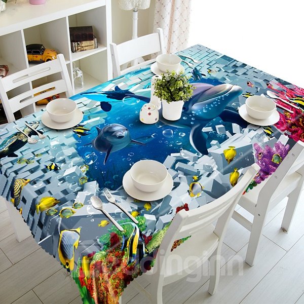 Modern Design Broken Wall and Dolphin Pattern 3D Tablecloth