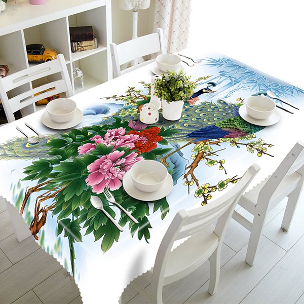 Weiße 3D-Tischdecke aus Polyester mit Pfauen- und Blumenmuster