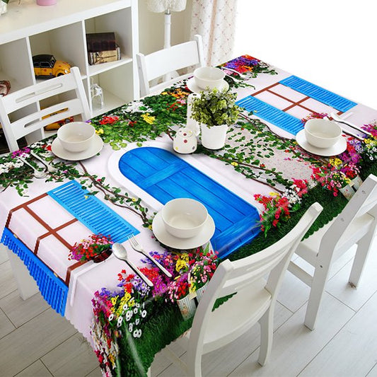 Mantel 3D Patrón de casa de flores blancas y ventana azul