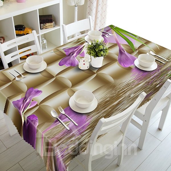 Brown Beautiful Polyester Purple Flowers Pattern 3D Tablecloth