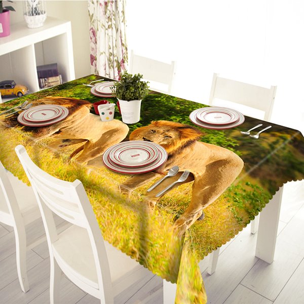3D-Tischdecke aus Polyester mit Präriemuster mit zwei Löwen