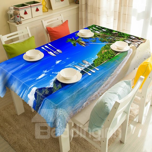 Mantel 3D Patrón de árbol de coco y playa azul