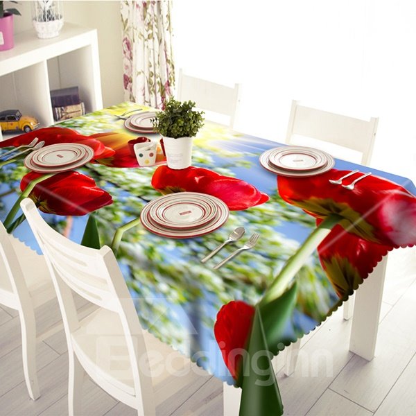 Romantische 3D-Tischdecke aus Polyester mit rotem Rosenmuster